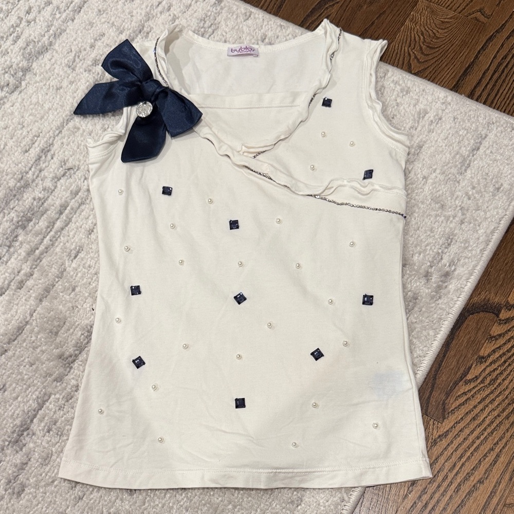 Byblos Cream and Navy Embellished Tank Top